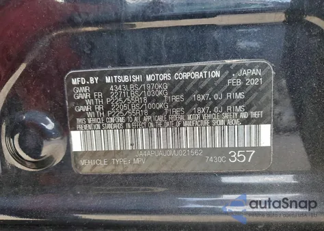 2021 Mitsubishi Outlander Sport Es из США, поврежденный, VIN JA4APUAU0MU021562